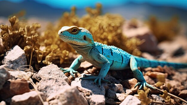 A photo of a turquoise lizard rocky desert terrain