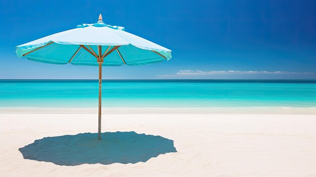 A photo of a turquoise parasol on a white sandy beach