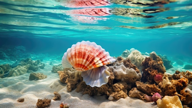 A photo of a turquoise seashell coral reef