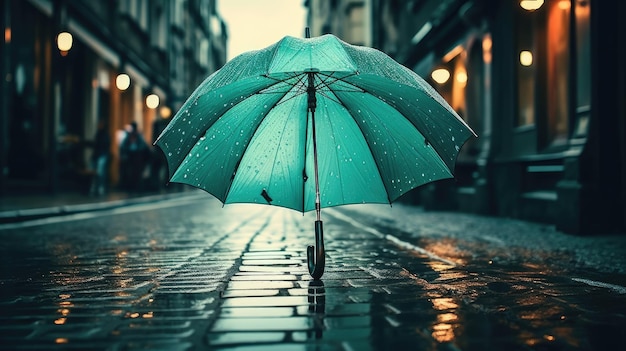 A photo of a turquoise umbrella on a rainy city street