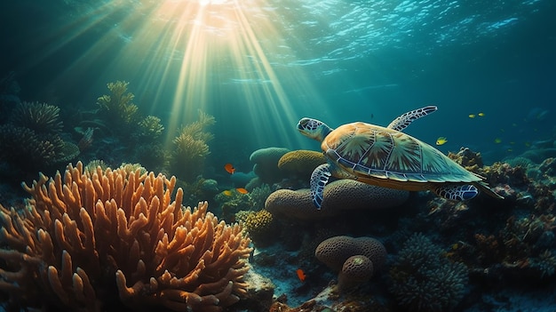 水の景色の下で美しいサンゴ礁にいるカメの写真