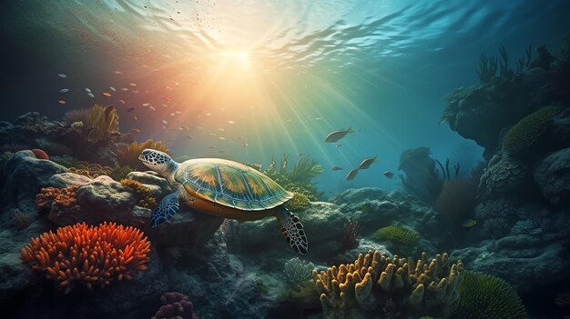 Photo turtle in coral reef in under water sea generated by ai