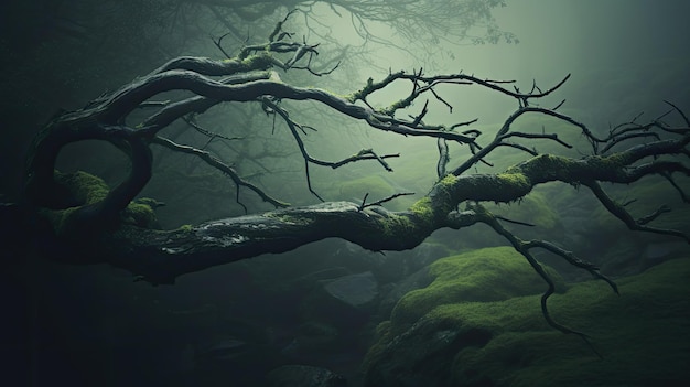 A photo of a twisting tree branch in a misty forest filtered sunlight