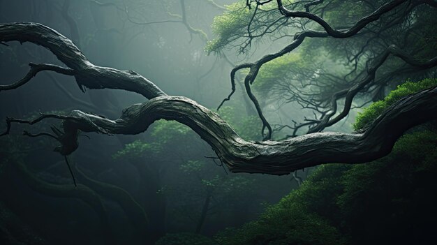 A photo of a twisting tree branch in a misty forest filtered sunlight