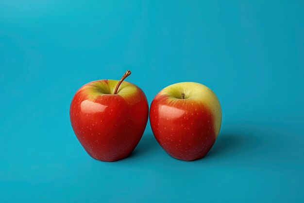 a photo of two apples on blue background