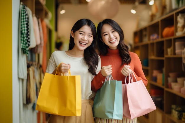 Photo photo two asian woman holding paper colorful bag with smiling and happy after shopping