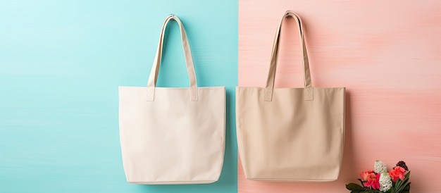 Photo of two bags hanging on a wall next to a vase of flowers with copy space