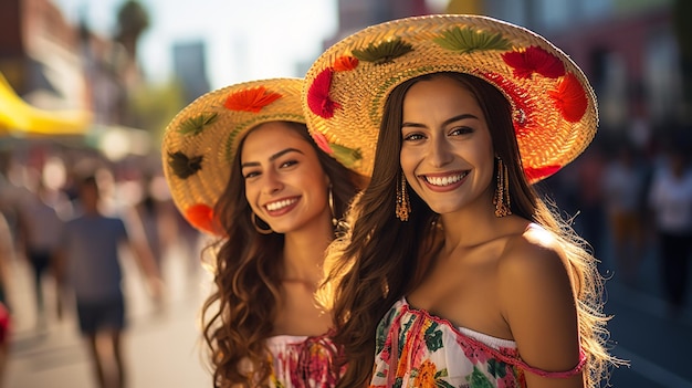 メキシコの伝統的な帽子とドレスを着て微笑んでいる2人の美しいメキシコ人の女性の写真