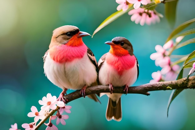 Фото Фото двух птиц, сидящих на ветви с розовыми цветами