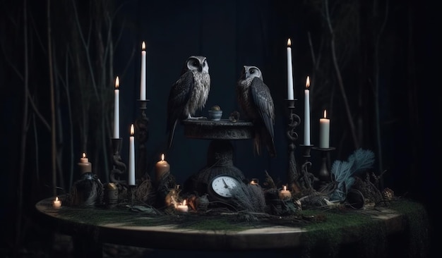 A photo of two birds with a clock on the table in the dark.