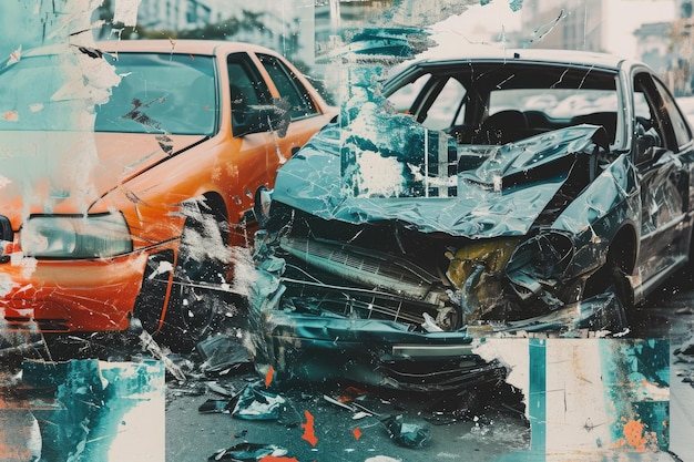 Foto una foto di due auto parcheggiate su una strada della città che mostra il paesaggio urbano e i veicoli parcheggiati collage di diverse fasi di recupero dopo un incidente stradale ai generato