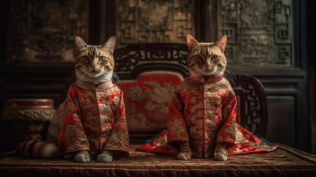 中国衣装を着た2匹の猫がベッドに座っている写真