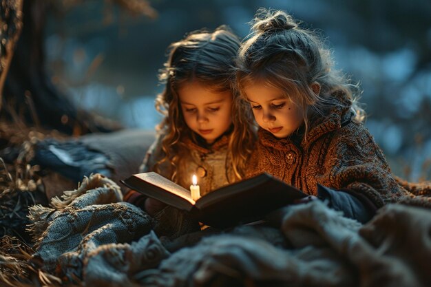 Photo two cute girls sitting under blankets and reading book with flashlight