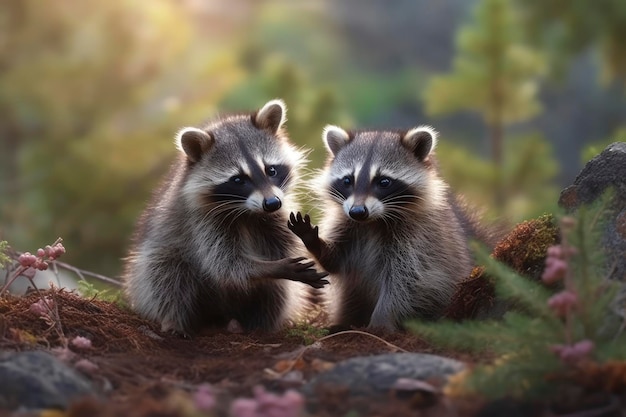 Photo two cute raccoons