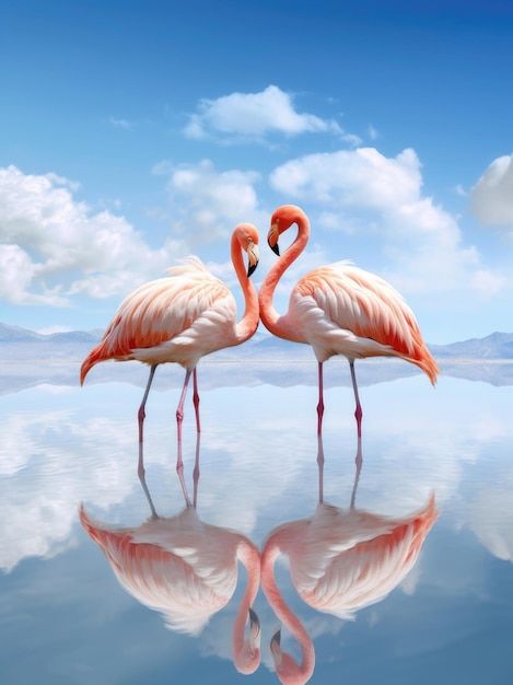 Photo of two flamingos standing next to each other water and blue sky