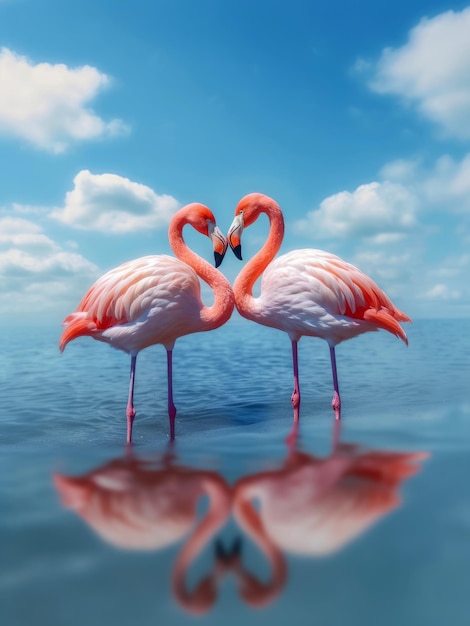 Photo of two flamingos standing next to each other water and blue sky