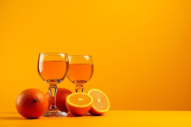 Photo two glass of cocktail with orange fruit in yellow background ai generated