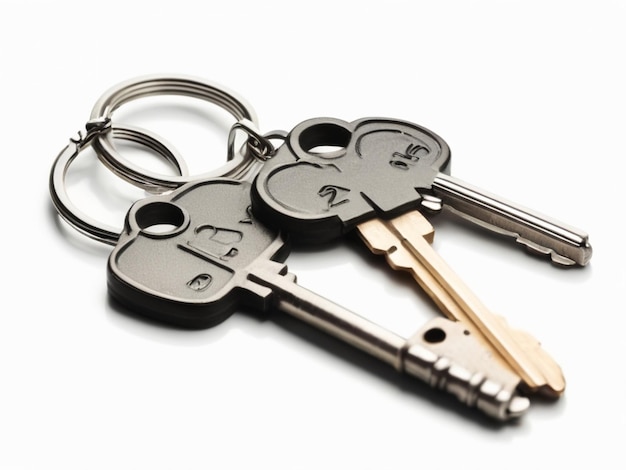 Photo two keys on key ring isolated on white background