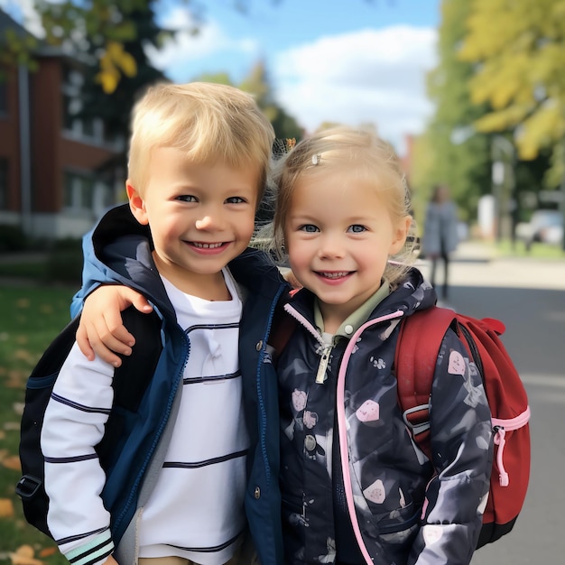 a photo of two kids on their first school day bright daylight s 1000