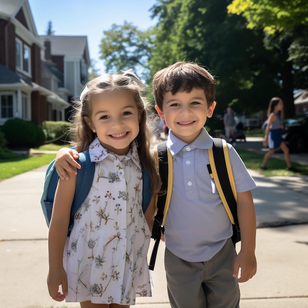 a photo of two kids on their first school day bright daylight s 1000