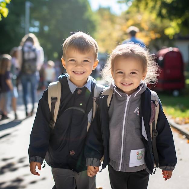 a photo of two kids on their first school day bright daylight s 1000