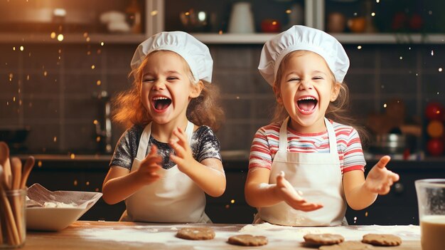 Photo of two kids wearing chef hat and cooking in the kitchen