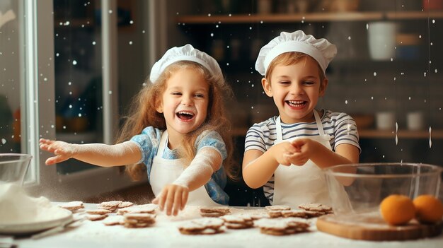 シェフの帽子をかぶってキッチンで料理をしている 2 人の子供の写真