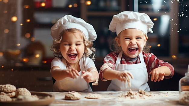 Foto foto di due bambini che indossano un cappello da chef e cucinano in cucina