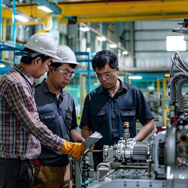 Photo photo of a two male engineers planning to produce auto parts with machines at a factory in thailand