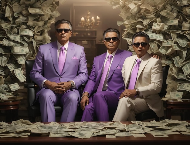 Photo of two men in suits and sunglasses sitting in front of a table full of money