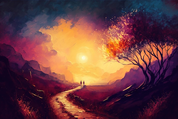 Photo of two men on walking on a road at sunset,illustration painting