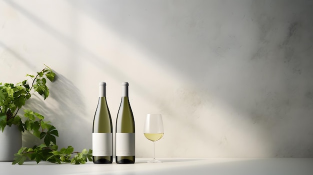 Photo two minimalist white wine bottles set against ceramic