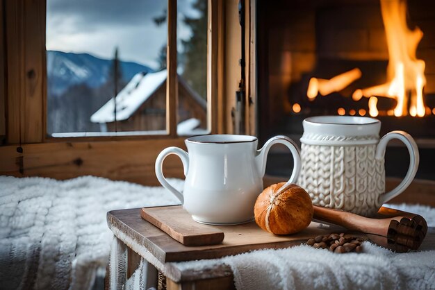 Фото Фото две кружки для чая или кофе шерстяные вещи возле уютного камина в загородном доме зимние каникулы