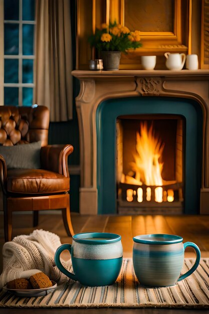 Foto foto di due tazze per tè o caffè in lana vicino al caminetto in una casa di campagna per le vacanze invernali