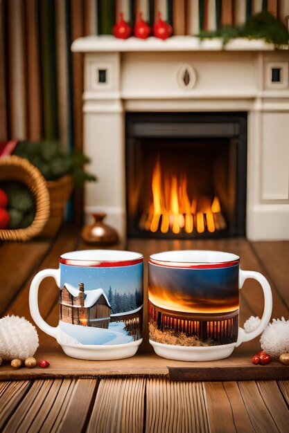 Photo two mugs for tea or coffee wool things near cozy fireplace in country house winter vacation