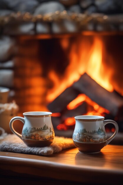 Photo two mugs for tea or coffee wool things near cozy fireplace in country house winter vacation