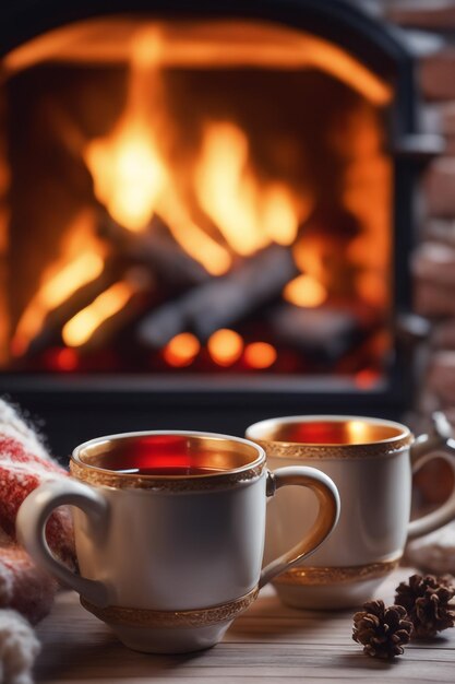 Photo two mugs for tea or coffee wool things near cozy fireplace in country house winter vacation