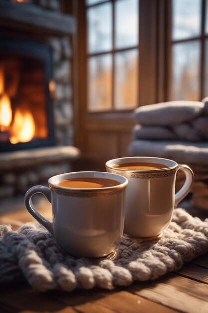 Foto foto di due tazze per tè o caffè in lana vicino al caminetto in una casa di campagna per le vacanze invernali