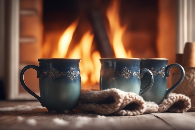 Foto foto due tazze per il tè o il caffè cose di lana vicino accogliente camino in casa di campagna vacanza invernale