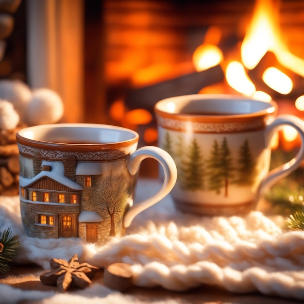 Foto foto di due tazze per tè o caffè in lana vicino al caminetto in una casa di campagna per le vacanze invernali