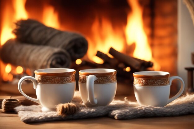 Foto foto di due tazze per tè o caffè in lana vicino al caminetto in una casa di campagna per le vacanze invernali