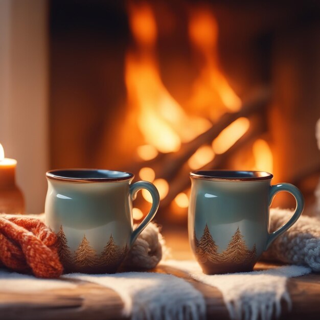 カントリーハウスの冬休みの居心地の良い暖炉の近くにある紅茶やコーヒーウールのもの用のマグカップ2枚の写真