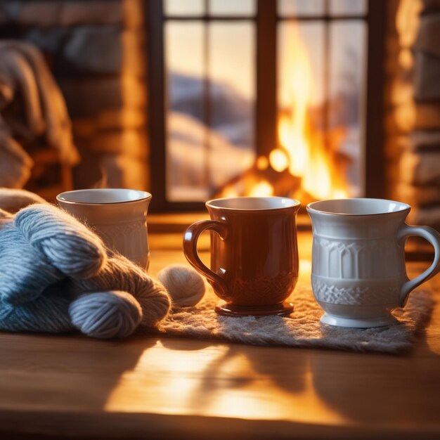 Photo two mugs for tea or coffee wool things near cozy fireplace in country house winter vacation