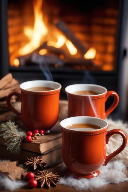 カントリーハウスの冬休みの居心地の良い暖炉の近くにある紅茶やコーヒーウールのもの用のマグカップ2枚の写真