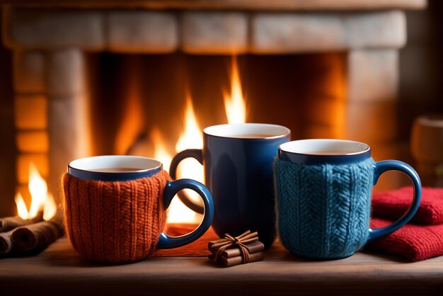 Photo two mugs for tea or coffee wool things near cozy fireplace in country house winter vacation