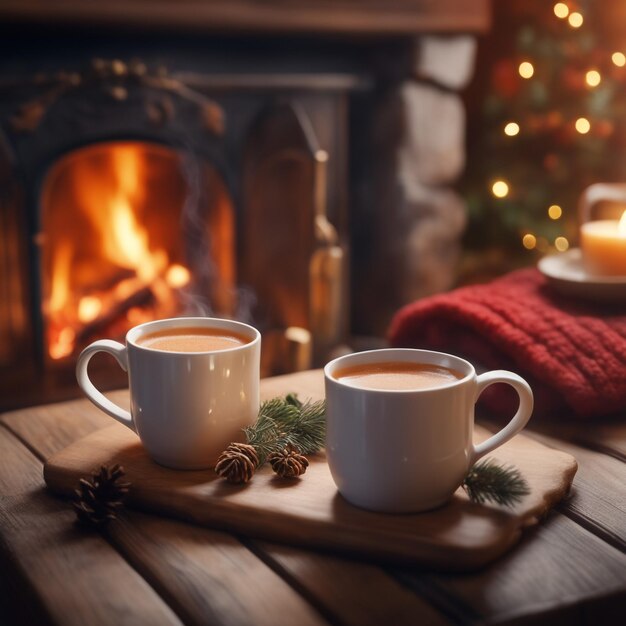 Photo two mugs for tea or coffee wool things near cozy fireplace in country house winter vacation