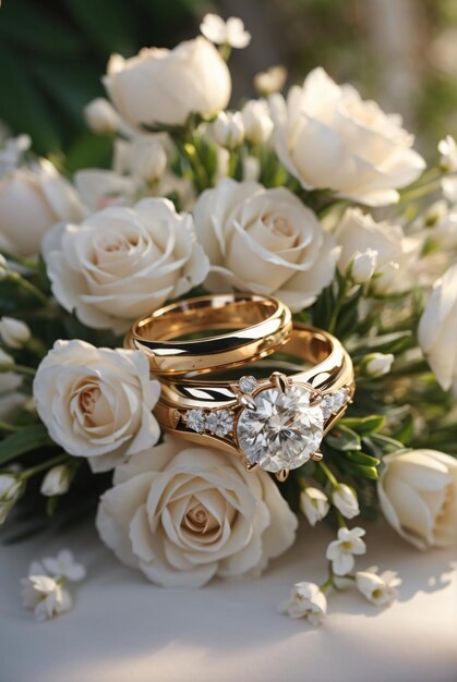 Photo two wedding rings lie on a wedding bouquet