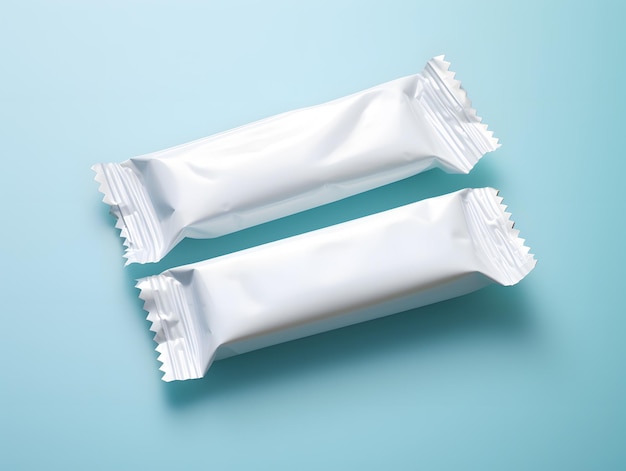 Photo two white candy wrappers set against pastel gray backdrop