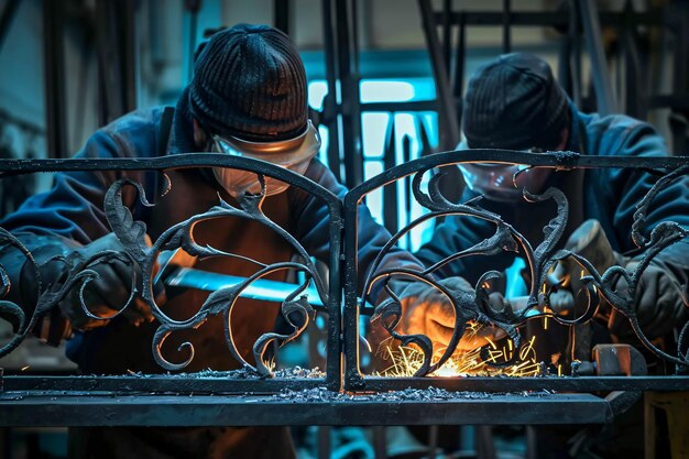 photo two worker making gates in smithy