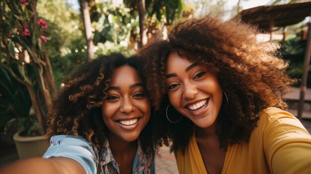 2人の若い黒人女性が一緒にセルフィーを撮っている写真公園の夏